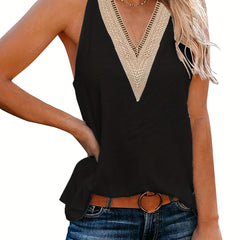 Guipure Lace Trim Tank Top V Neck Sleeveless Summer Top