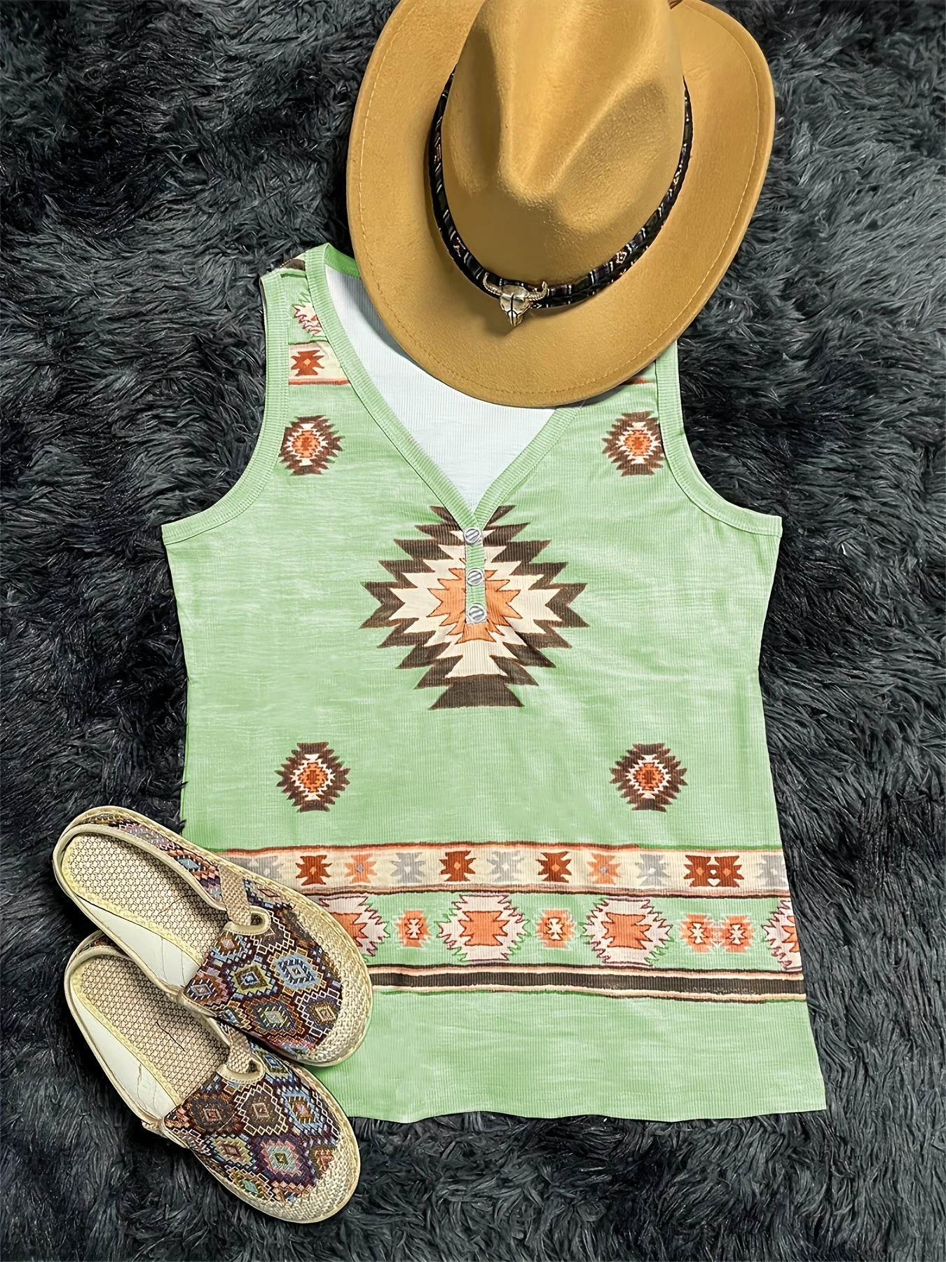 Geo Pattern Ribbed Tank Top V Neck Casual Sleeveless Top