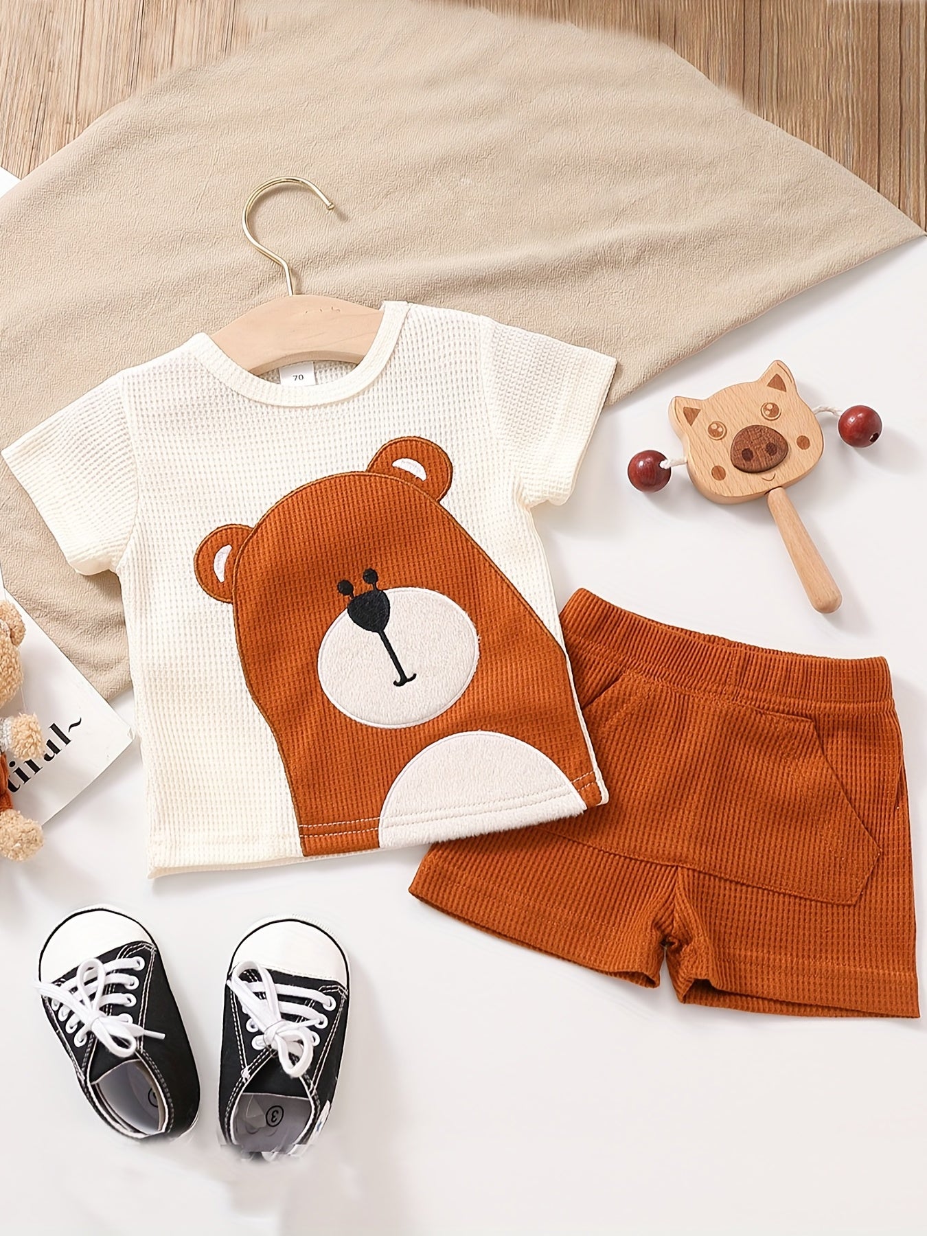 2pcs Baby Boys Bear Embroidery T-shirt & Shorts Set Clothes
