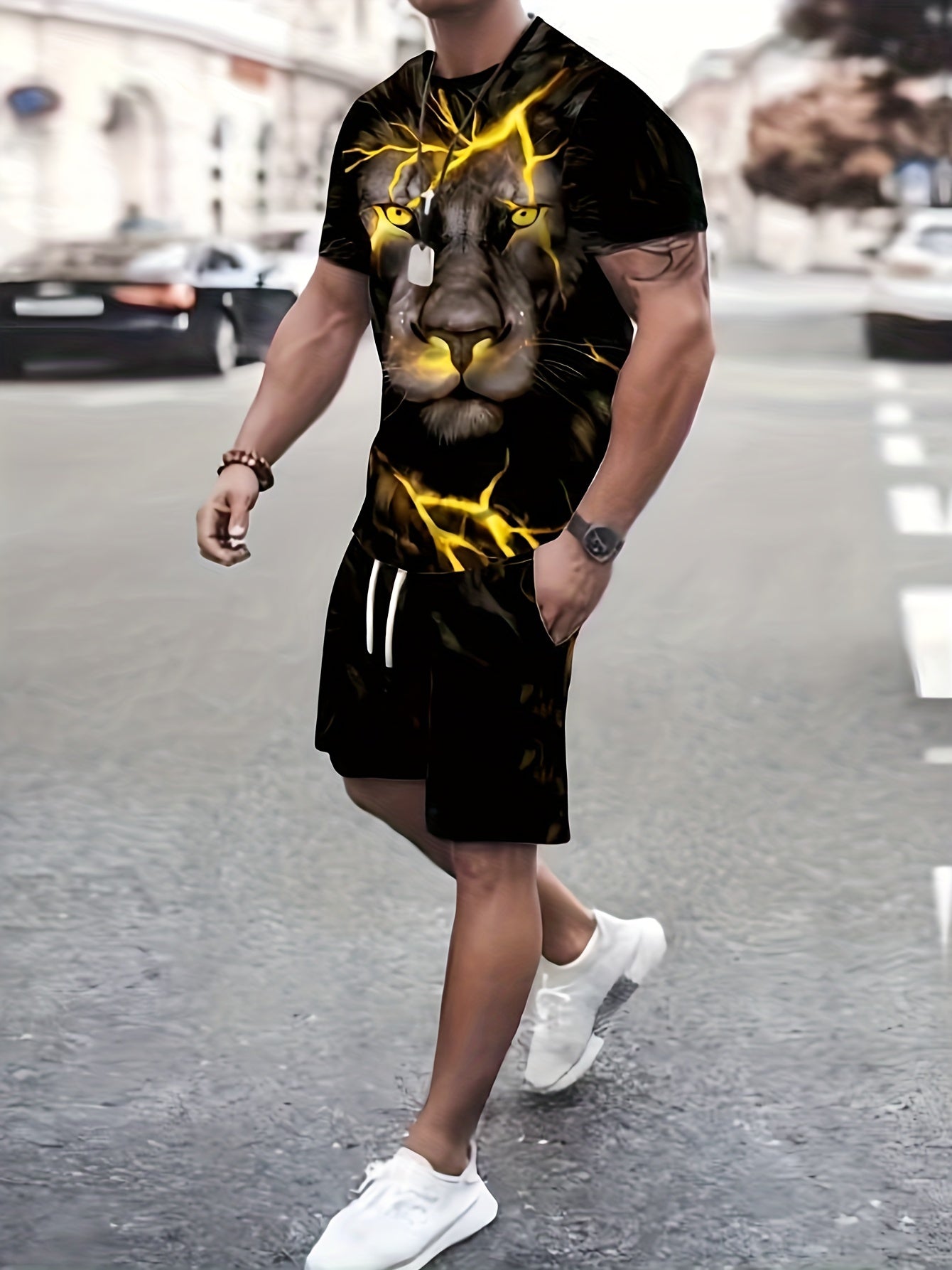 Lion 3D Pattern Mens Outfit T-shirt & Drawstring Shorts Set Summer Clothing