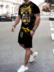 Lion 3D Pattern Mens Outfit T-shirt & Drawstring Shorts Set Summer Clothing