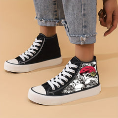 Women's High Top Canvas Shoes with Cat and Red Hat
