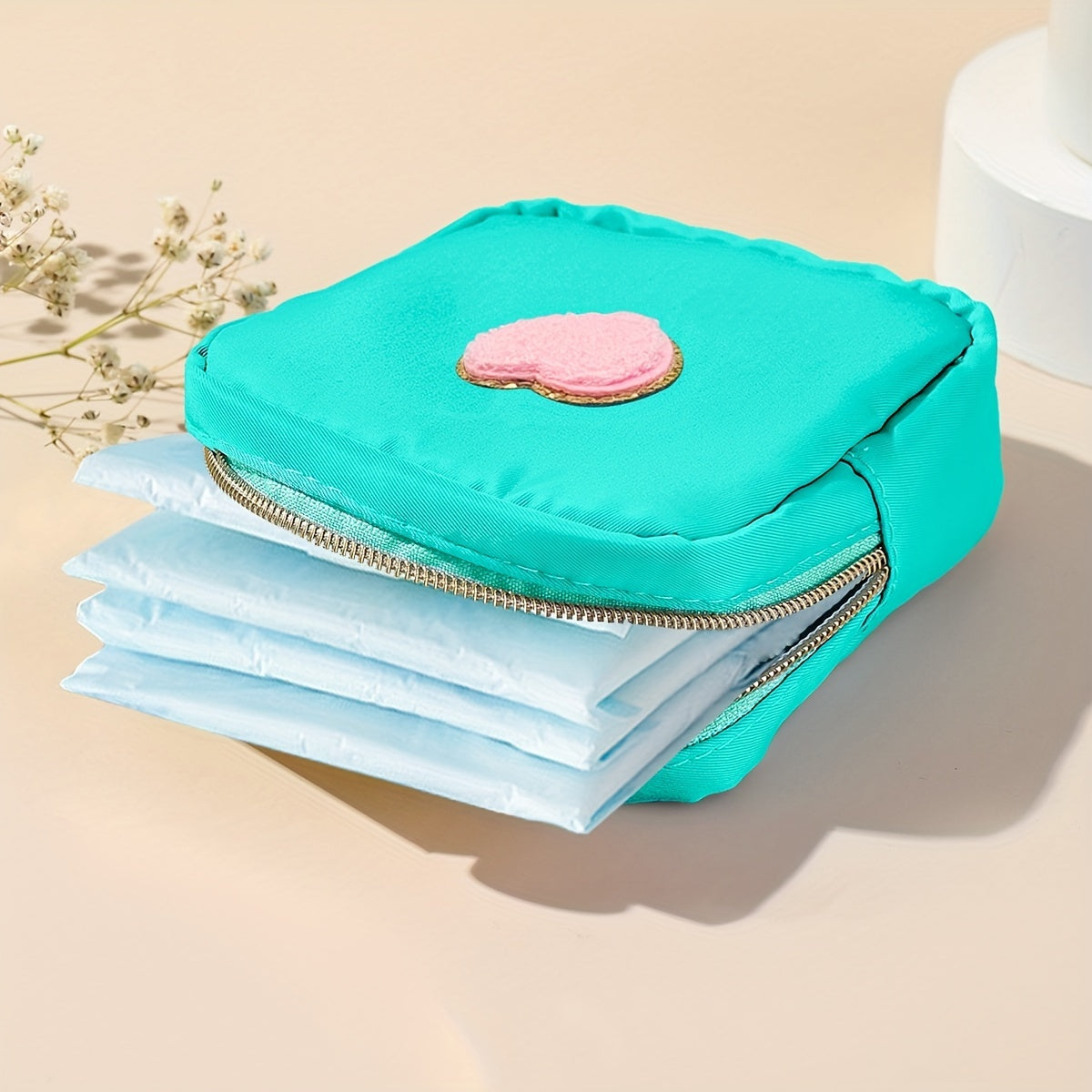 Chenille Patched Sanitary Napkin Storage Bag Zipper Pouch