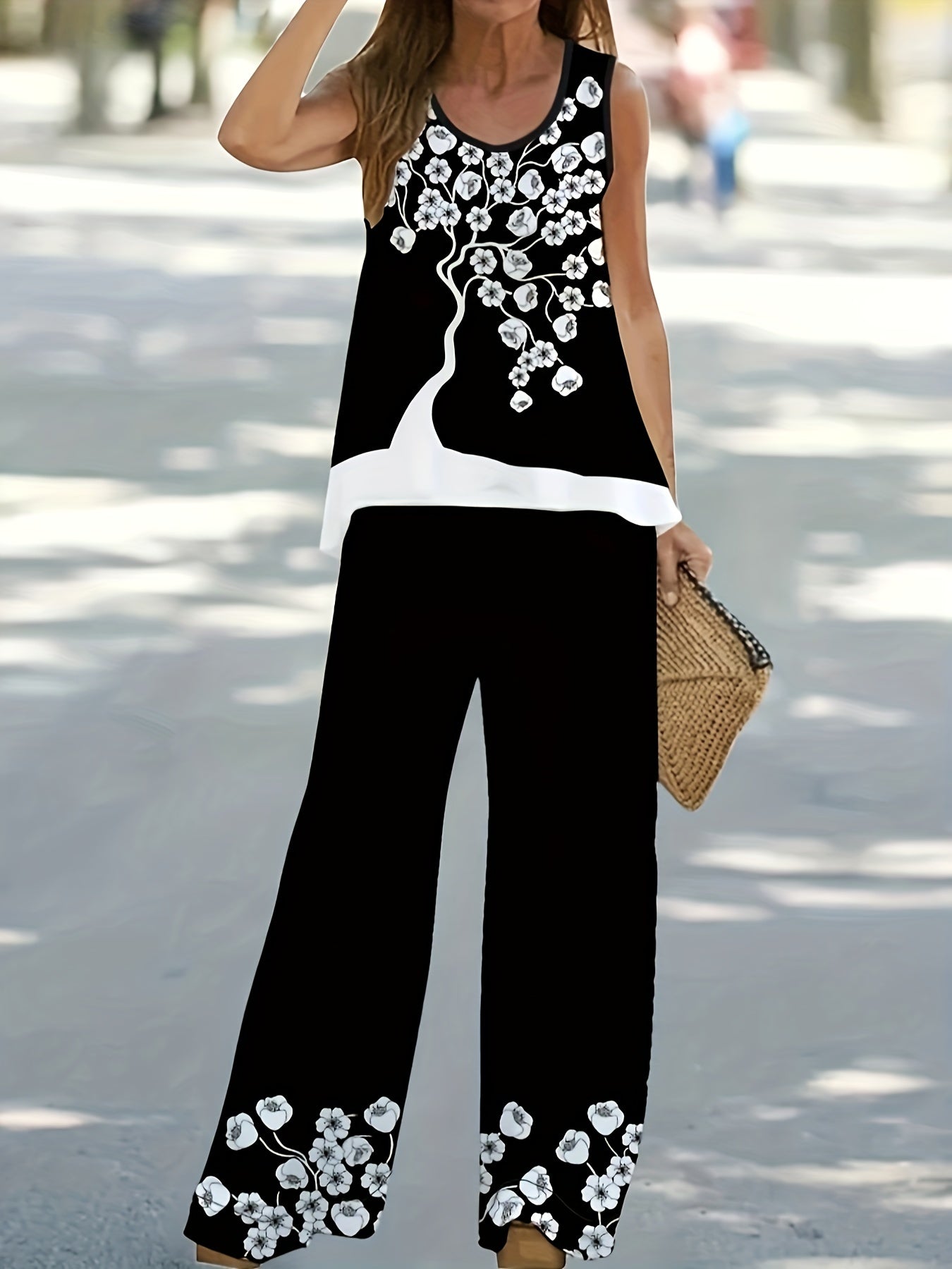 Floral Print Block Top & Solid Wide Leg Pants Set