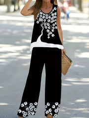 Floral Print Block Top & Solid Wide Leg Pants Set