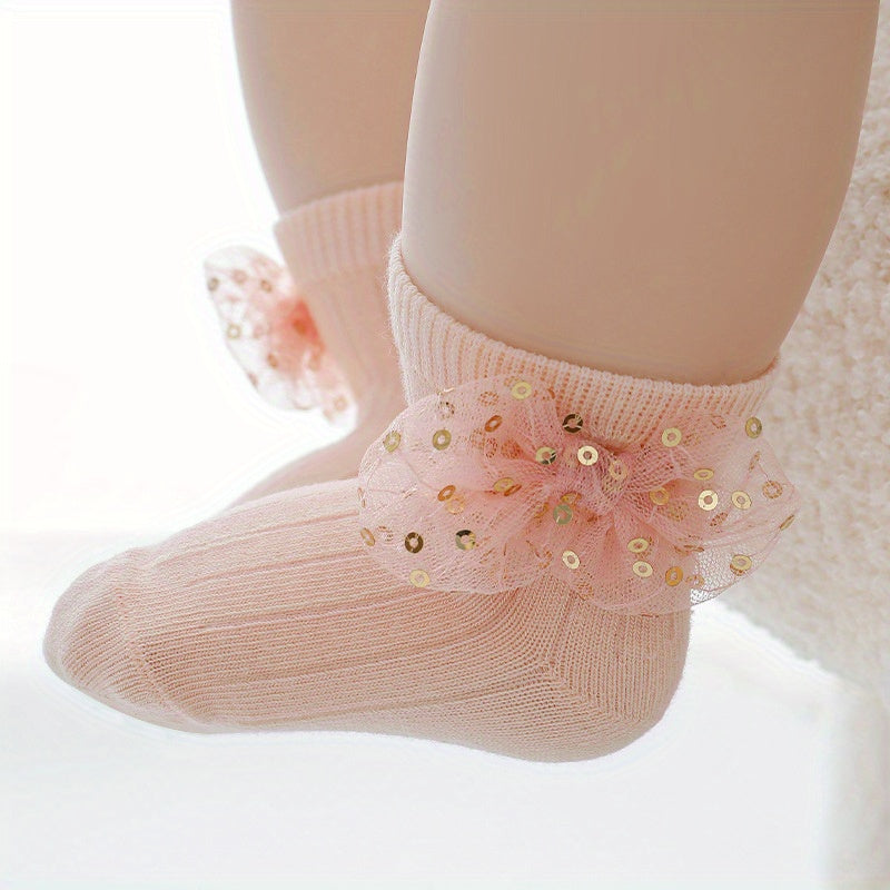 Baby Girls Sequin Bow Lace Trim Ankle Socks for Newborns