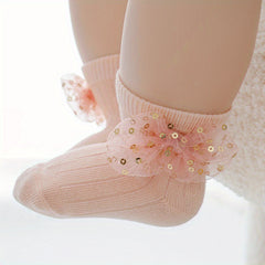 Baby Girls Sequin Bow Lace Trim Ankle Socks for Newborns