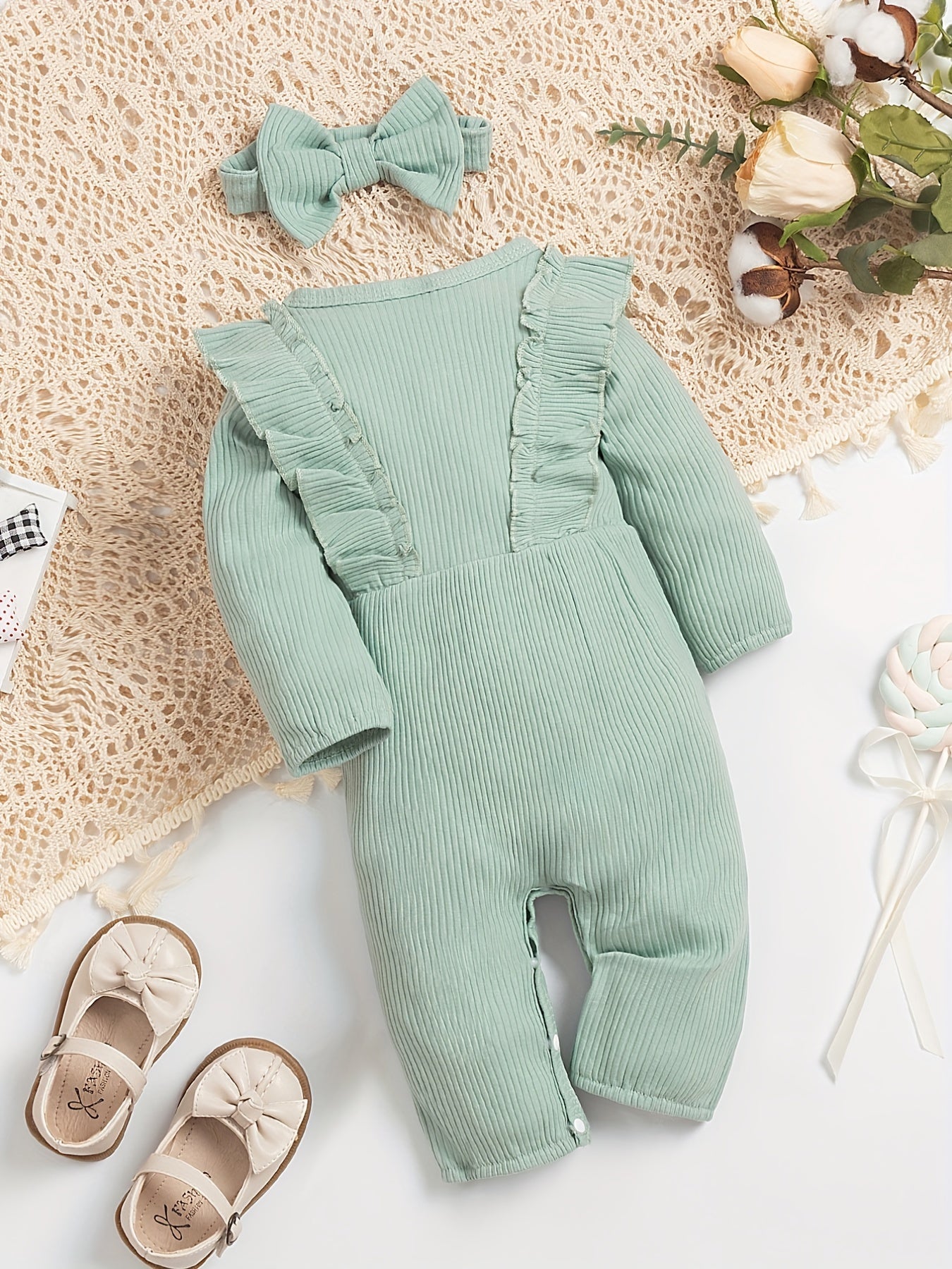 Baby Girl Romper Set Striped Ruffle Trim Long Sleeve Headband