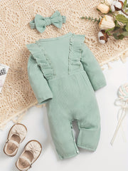 Baby Girl Romper Set Striped Ruffle Trim Long Sleeve Headband