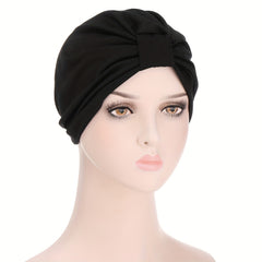 Pleated Square Knot Turban Hat Women Solid Hijab Hat Casual Elastic Head Wrap