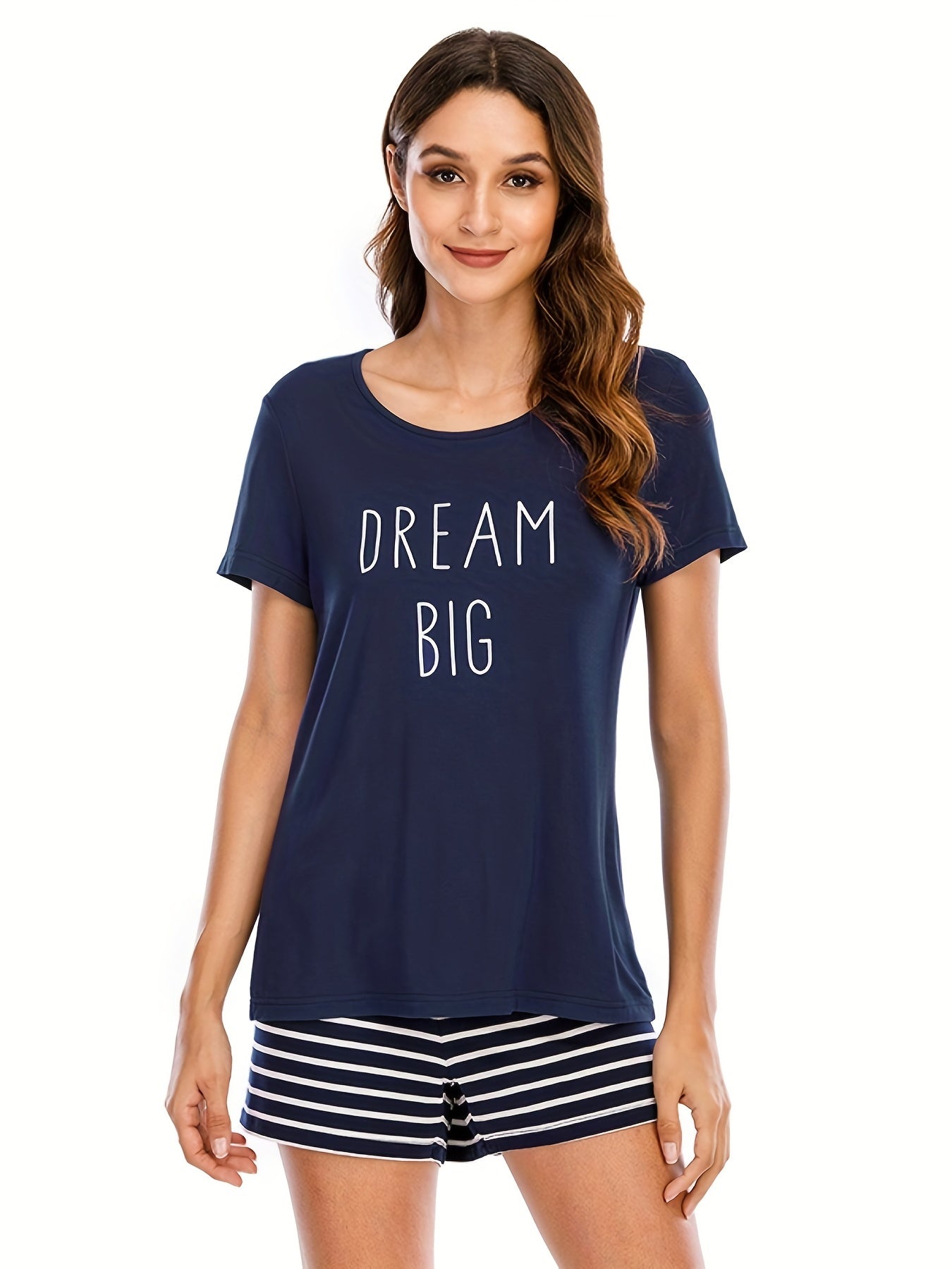 Cat Print Pajama Set Short Sleeve Top & Striped Shorts