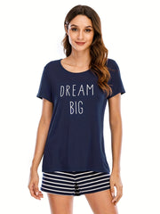 Cat Print Pajama Set Short Sleeve Top & Striped Shorts