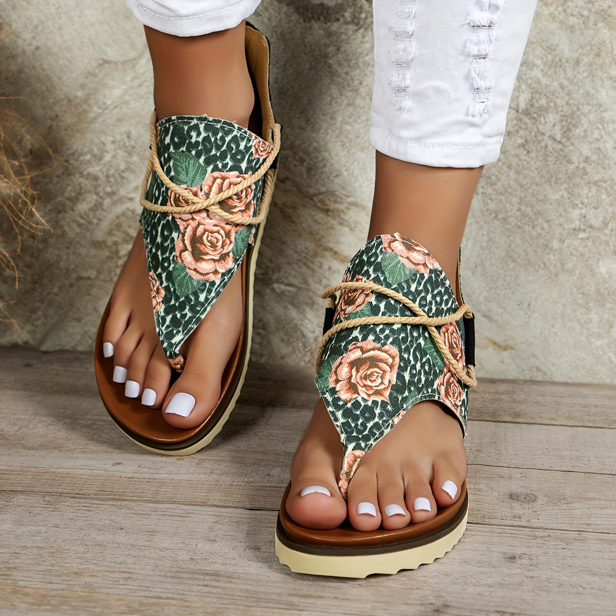 Rose & Leopard Print Thong Sandals Roman Style Beach Sandals