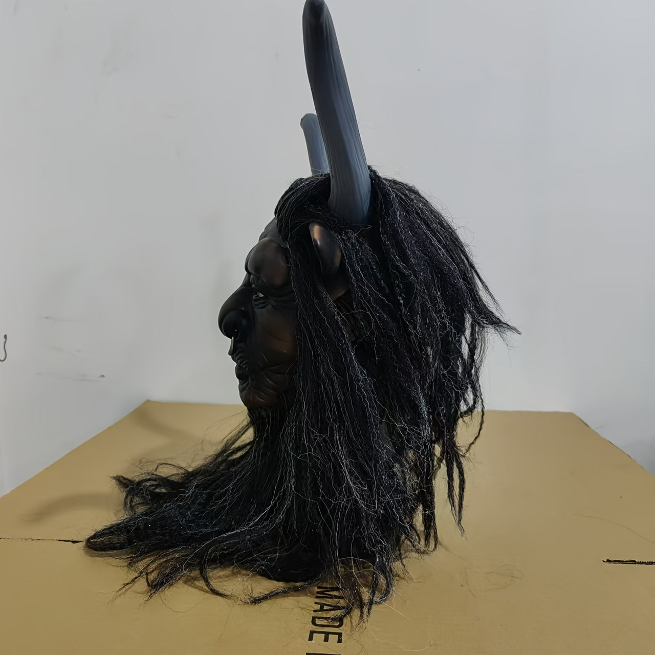 Goat Skull Mask with Long Hair and Horns Adult Halloween Costume Accessory
