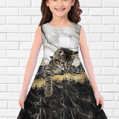 Girl's 3D Cat Print Dress - Summer Outfit
