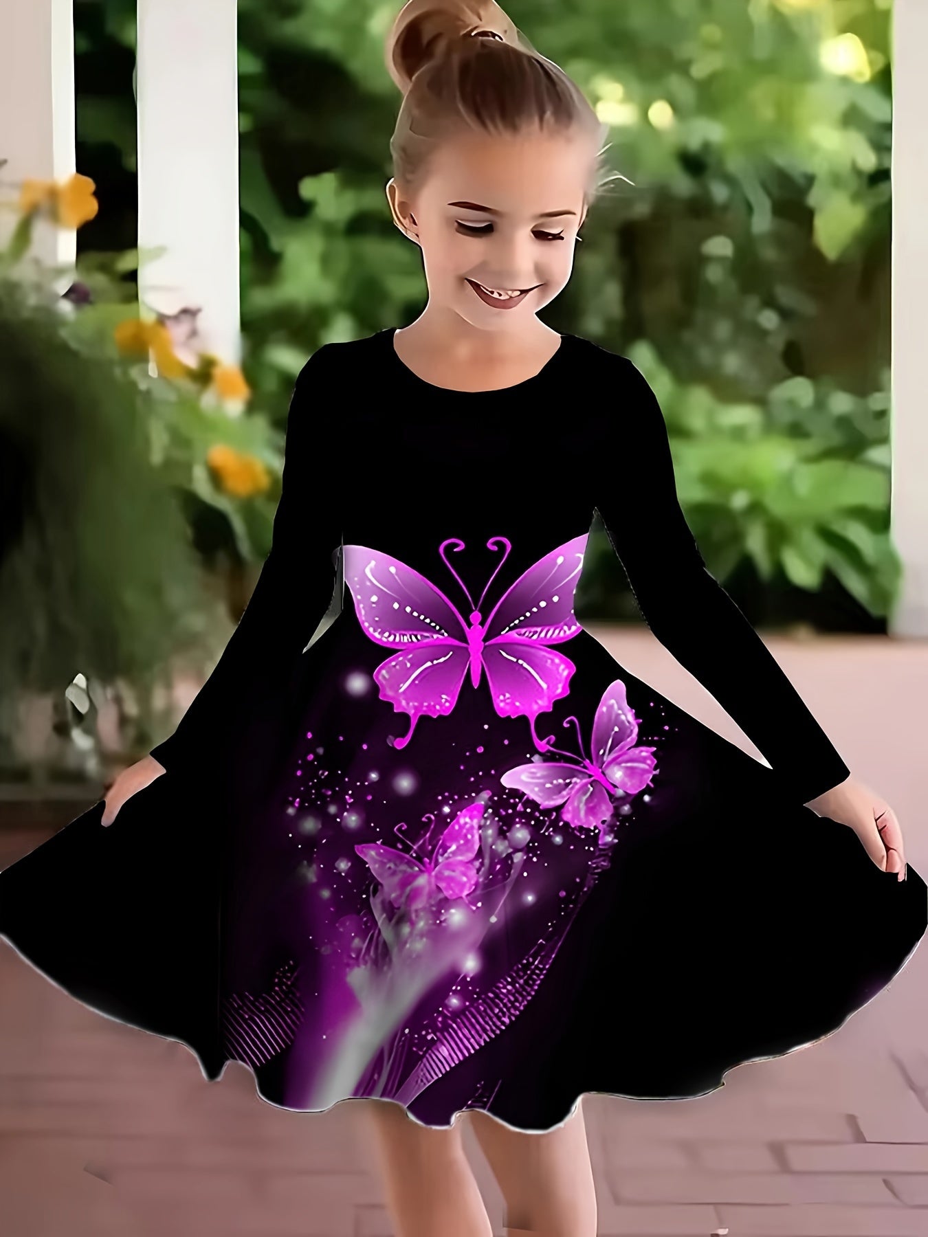 Girls 3D Butterfly Dress for Party - Crew Neck Long Sleeve