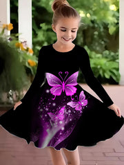 Girls 3D Butterfly Dress for Party - Crew Neck Long Sleeve