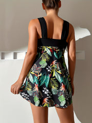 Tropical Print Tankini Set V Neck Boxer Shorts Swimsuit