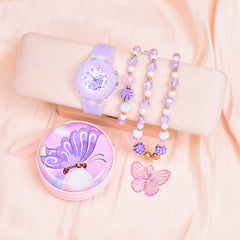 Girls Silicone Butterfly Watch Set with Bracelet, Necklace, Coin Purse