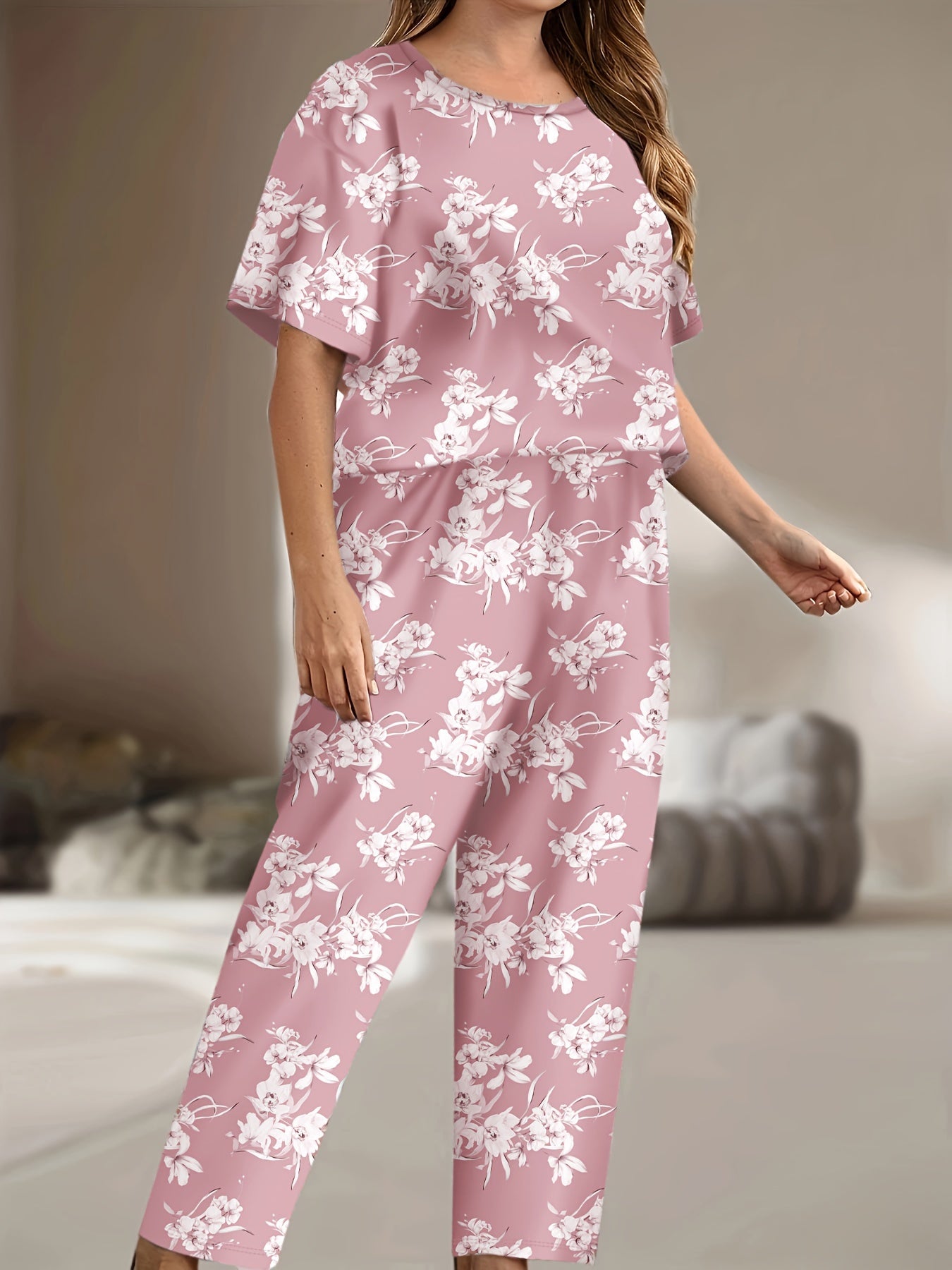 Floral Print Pajama Set Short Sleeve Tee & Pants 2 Piece