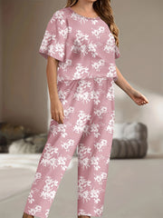 Floral Print Pajama Set Short Sleeve Tee & Pants 2 Piece