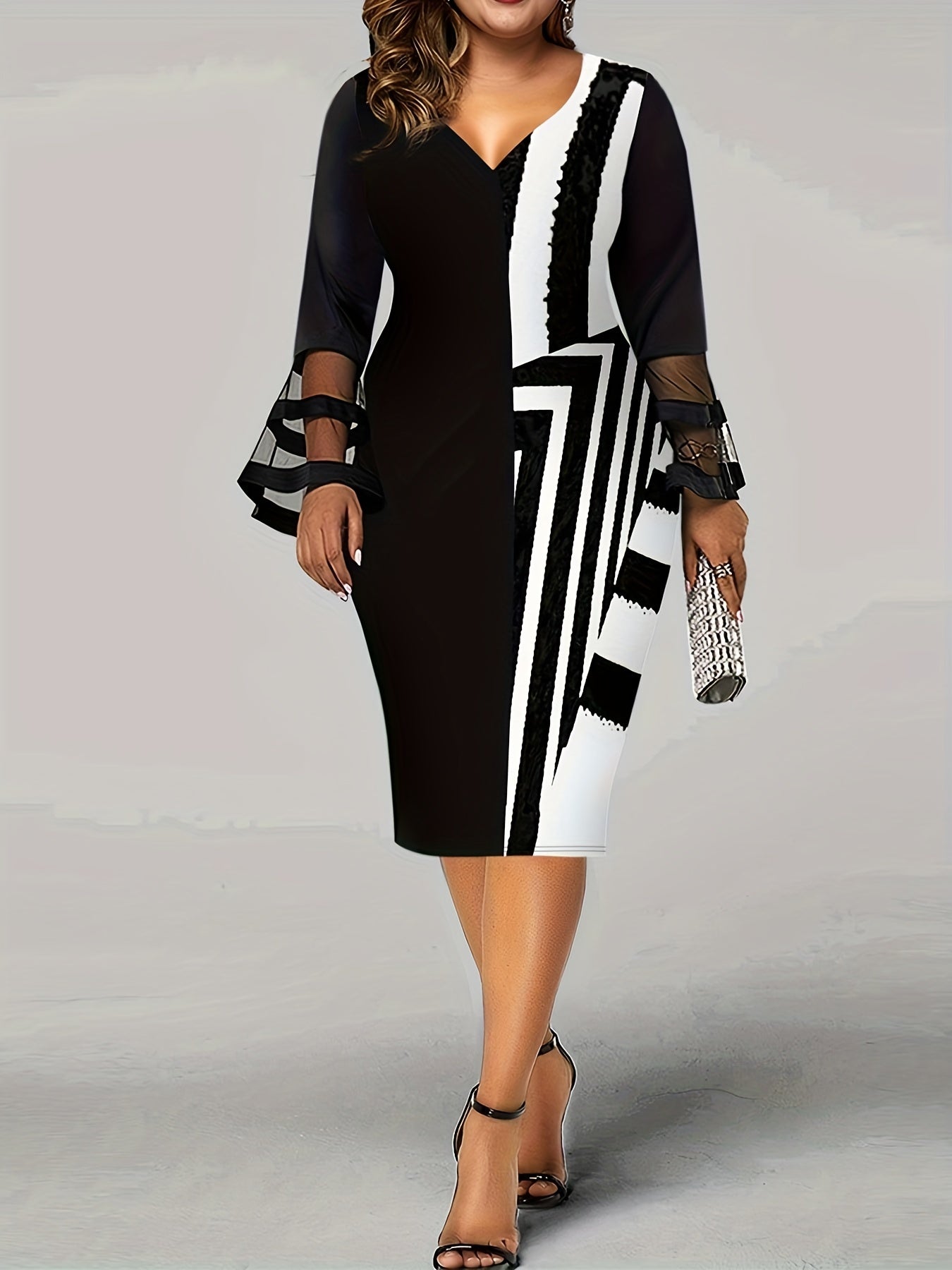 Colorblock Stripe Print Mesh Bell Sleeve V Neck Midi Dress