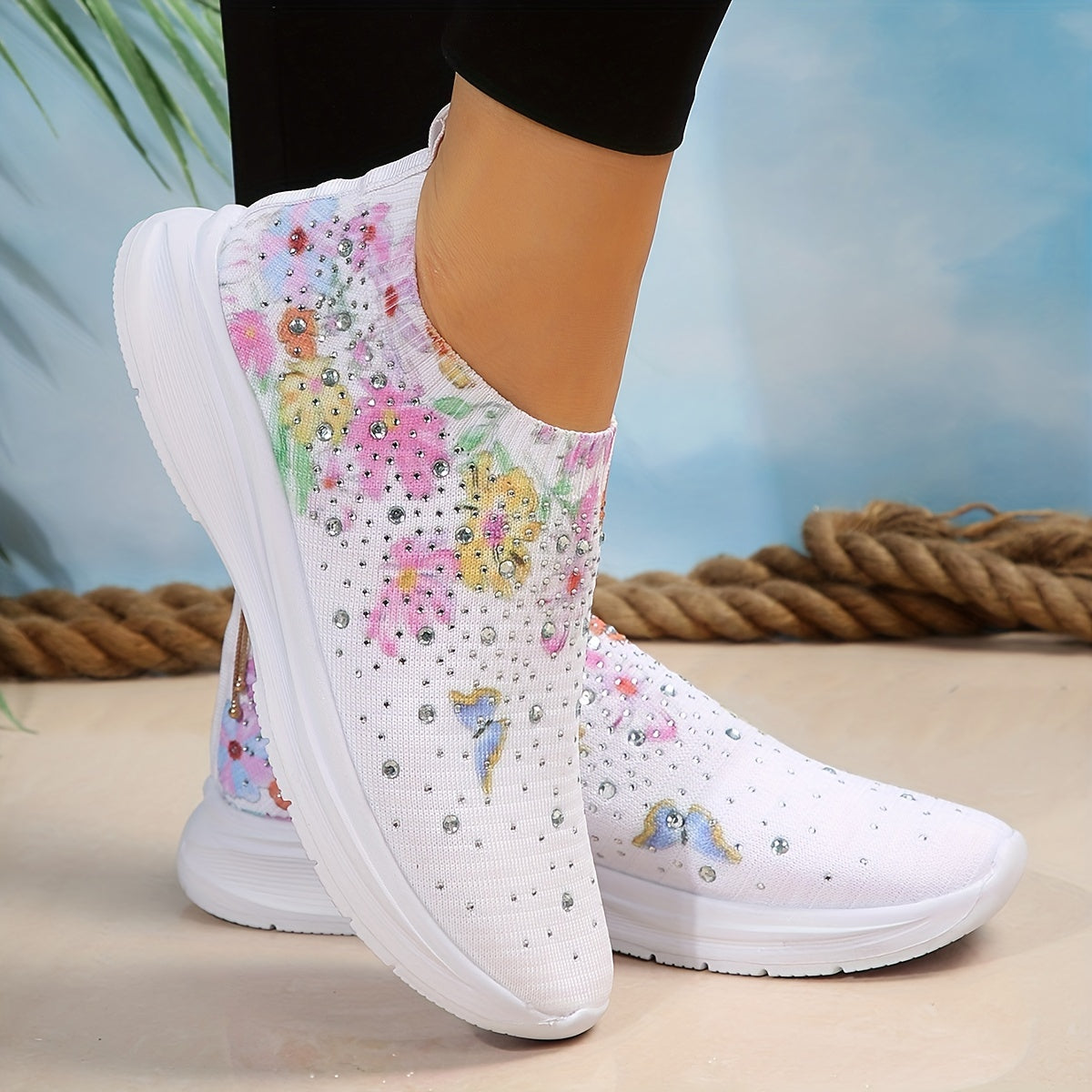 Floral Sneakers with Rhinestone Detail Slip On Low Top Lightweight Running Shoes
