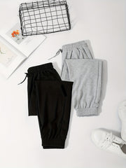 2pcs Women's Solid Loose Pants with Elastic Waist