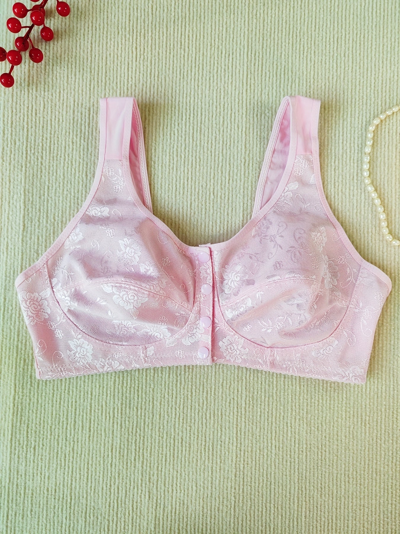 Floral Jacquard Button Front Soft Lace Bra