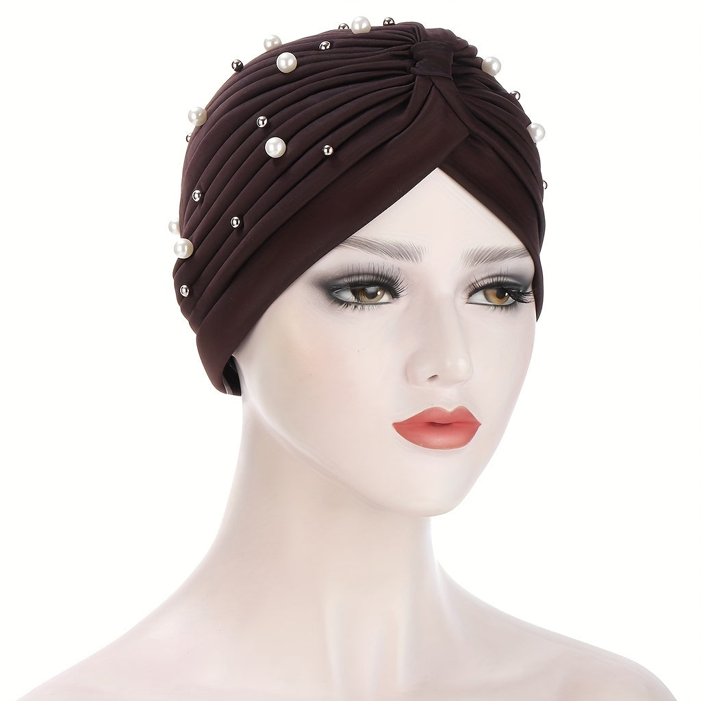 Faux Pearl Decor Turban Solid Beanies Head Scarf Lightweight Elastic Chemo Cap