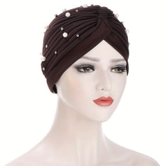 Faux Pearl Decor Turban Solid Beanies Head Scarf Lightweight Elastic Chemo Cap
