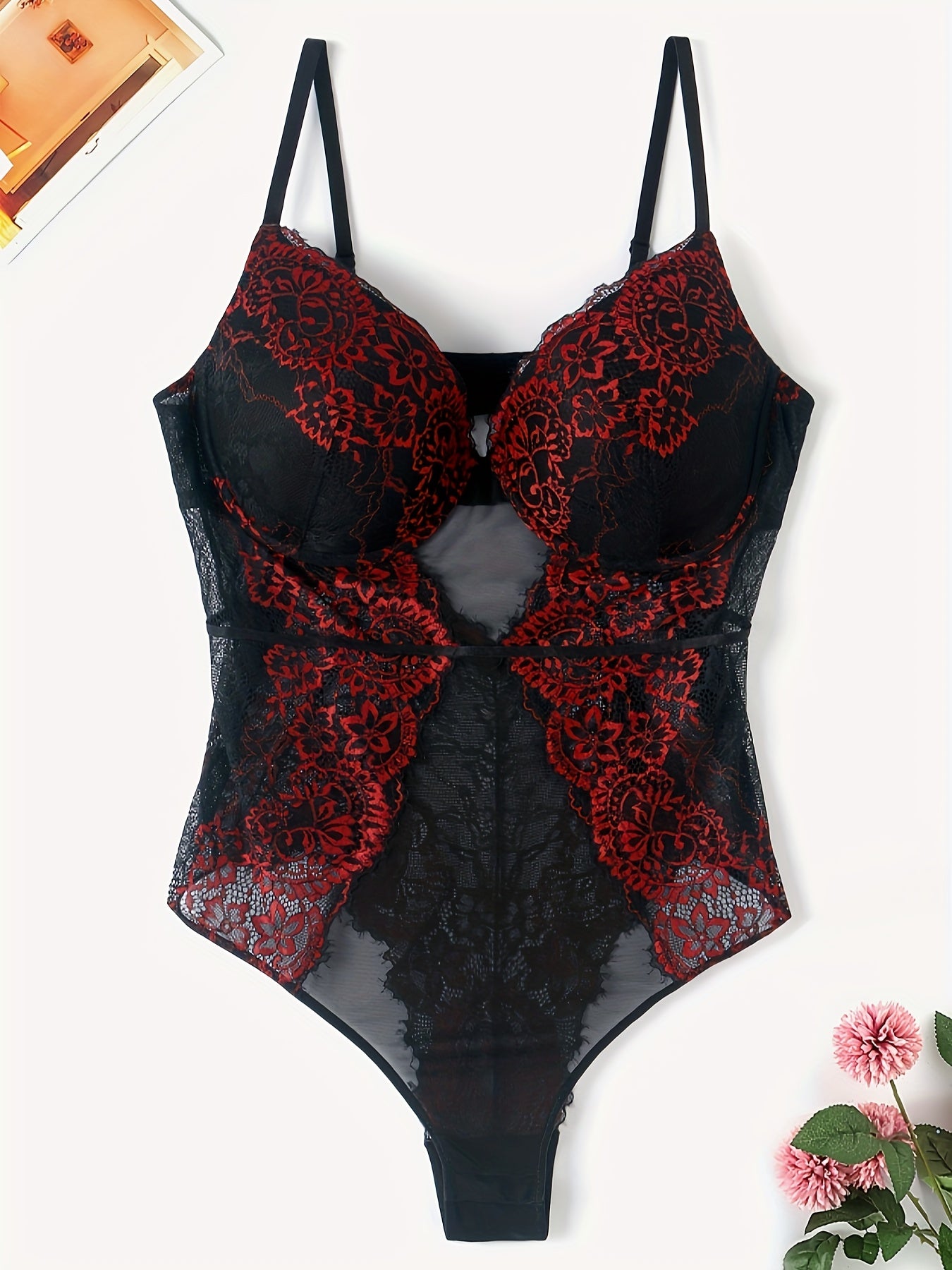 Lace Teddy Bodysuit Padded Cut Out Back Mesh Semi Sheer Lingerie