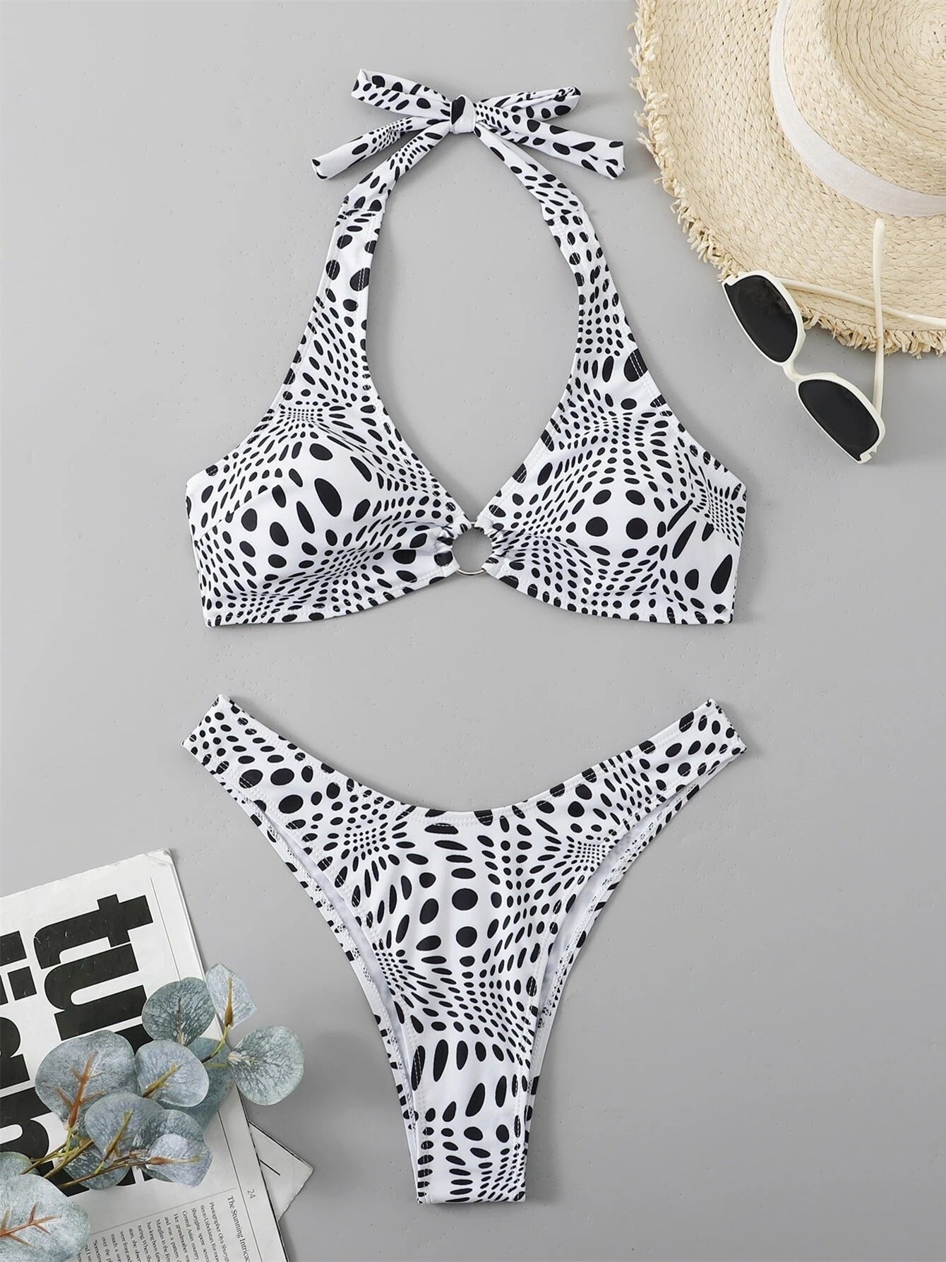 Polka Dot Halter Neck Bikini Set V Neck Ring Linked Tie Back Backless