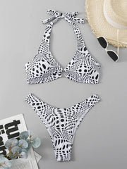 Polka Dot Halter Neck Bikini Set V Neck Ring Linked Tie Back Backless