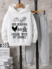 2pcs Chicken And Peanut Print Boys Hoodie Casual Long Sleeve Hooded S