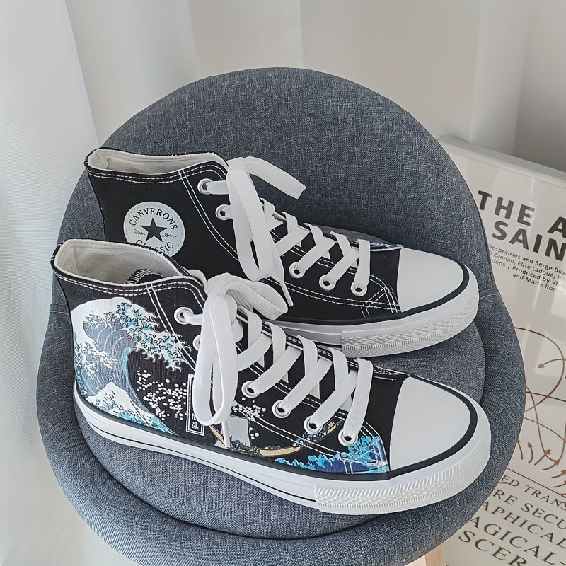 Men's Graphic Print Lace-Up Canvas Shoes Non Slip Casual Flats