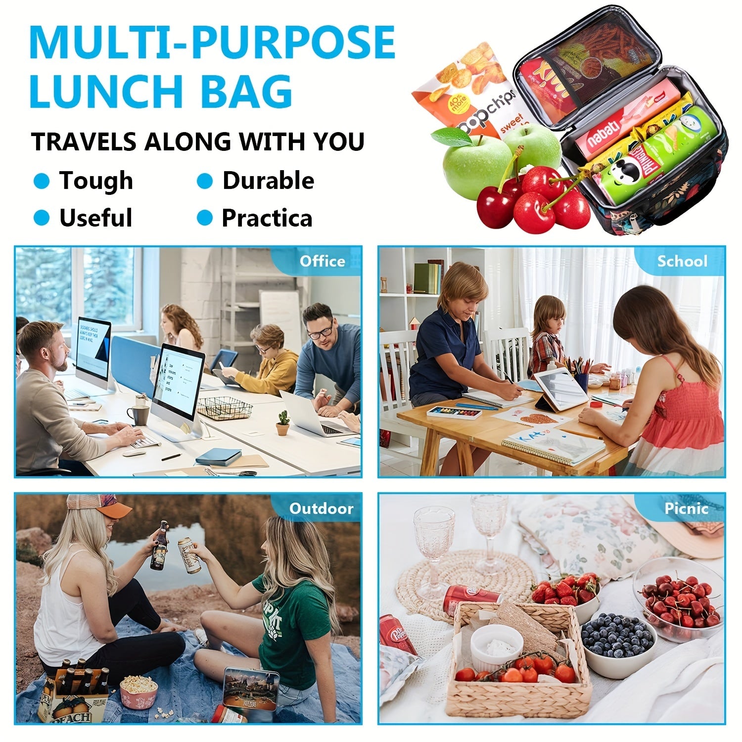 Large Insulated Floral Bag for Picnics, Travel, Beach