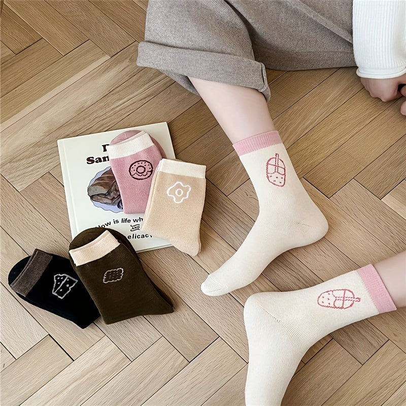 5 Pairs Cartoon Food Print Comfy Mid Tube Socks Women's Stockings & Hosiery