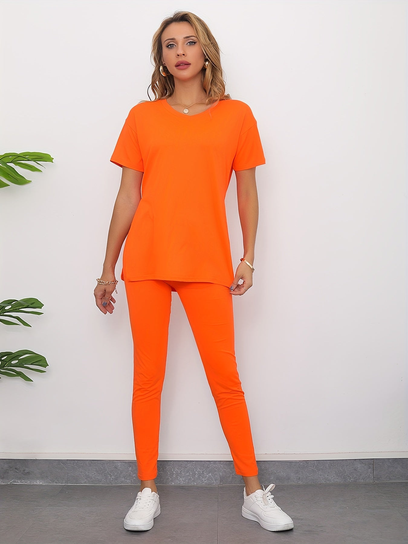 2pcs Casual Sports Suits Short Sleeve Crew Neck T shirts & Leggings Sets