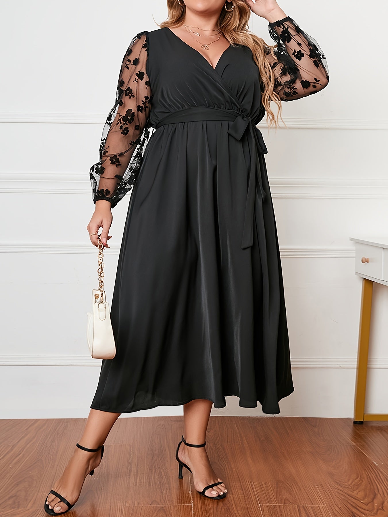 Mesh Lantern Sleeve Maxi Dress With Belt