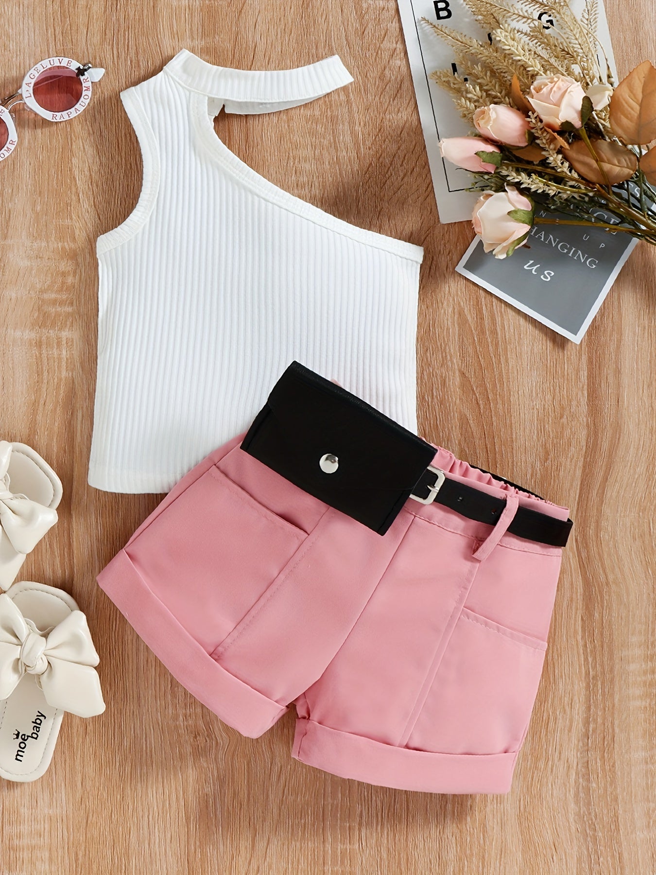 3pcs Toddler Girls One Shoulder Top & Shorts Set with Belt Bag