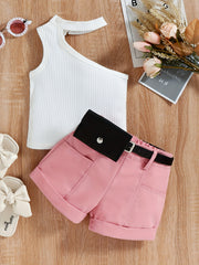 3pcs Toddler Girls One Shoulder Top & Shorts Set with Belt Bag