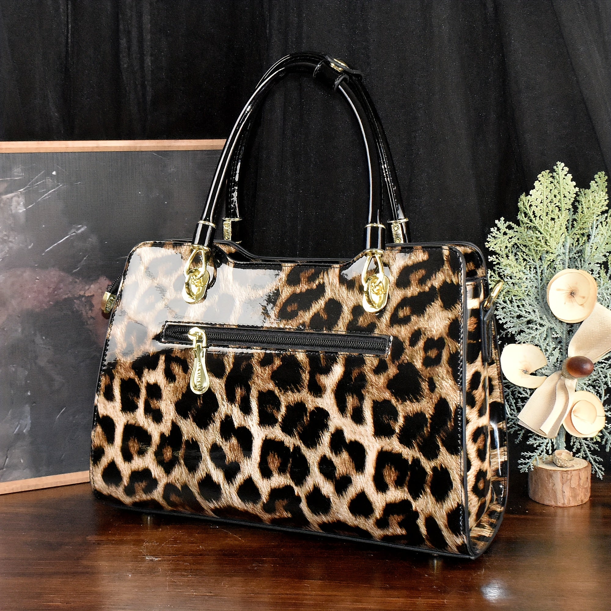 Leopard Print Tote Bag with Removable Strap Zipper Closure Polyester Lining