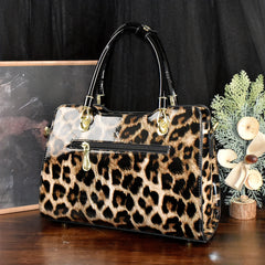 Leopard Print Tote Bag with Removable Strap Zipper Closure Polyester Lining