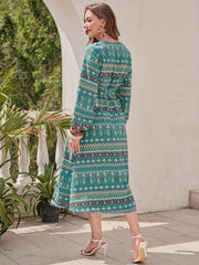 Argyle Print Midi Dress V Neck Lantern Sleeve Dress
