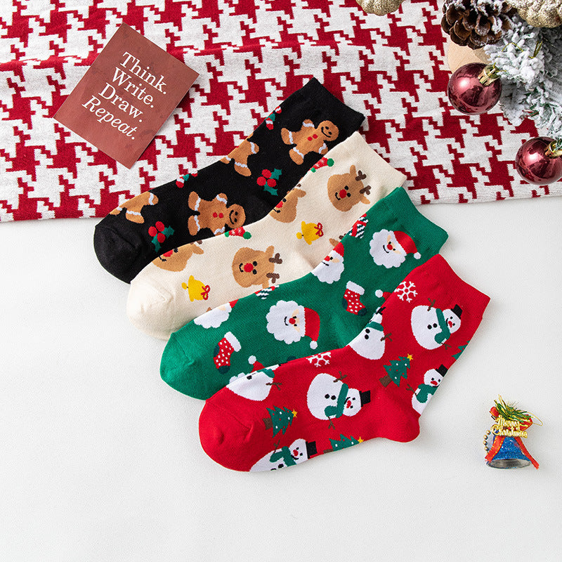 4 Pairs Women's Christmas Pattern Mid Tube Socks