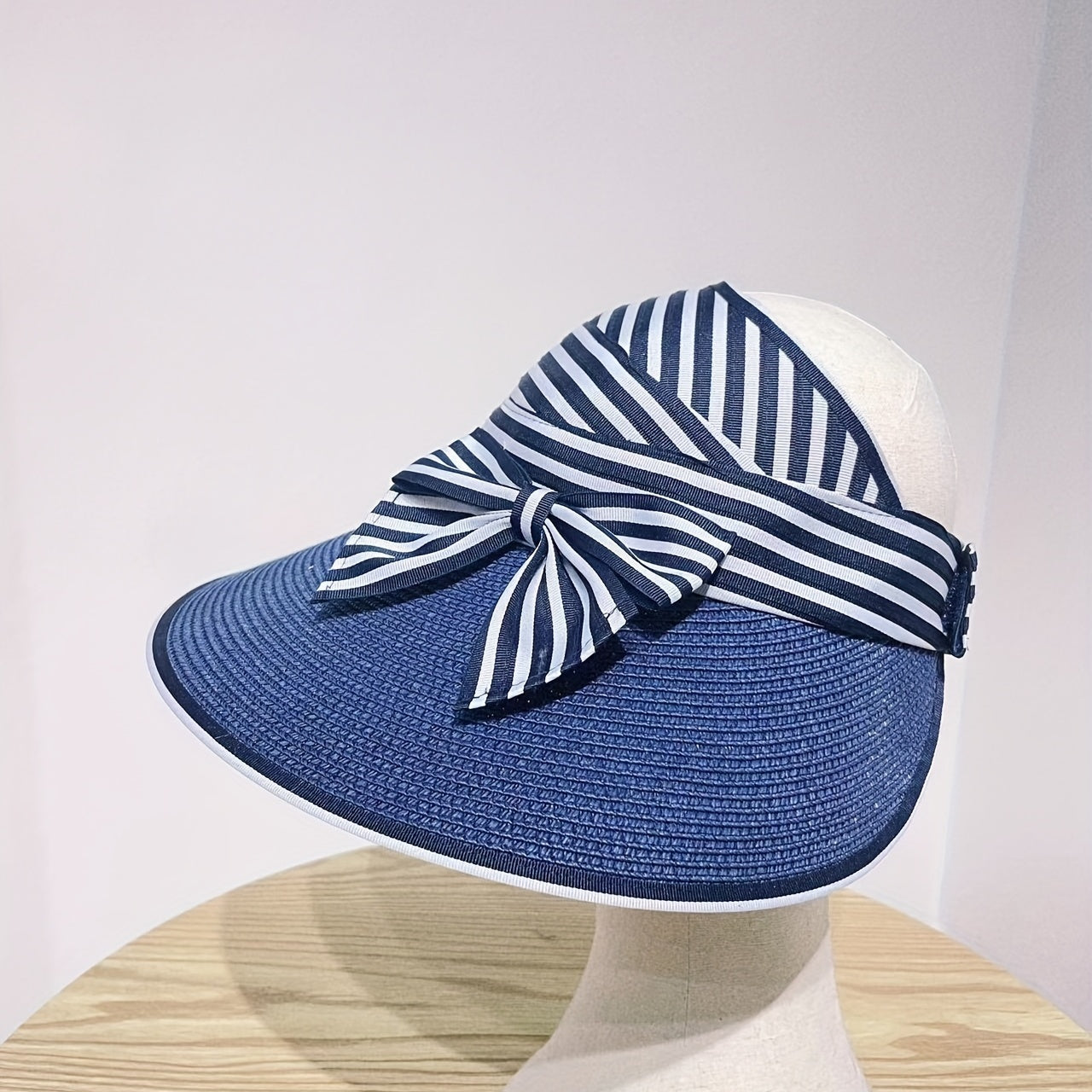 Striped Ponytail Sun Hat Straw Visor Bowknot Beach Hat for Women