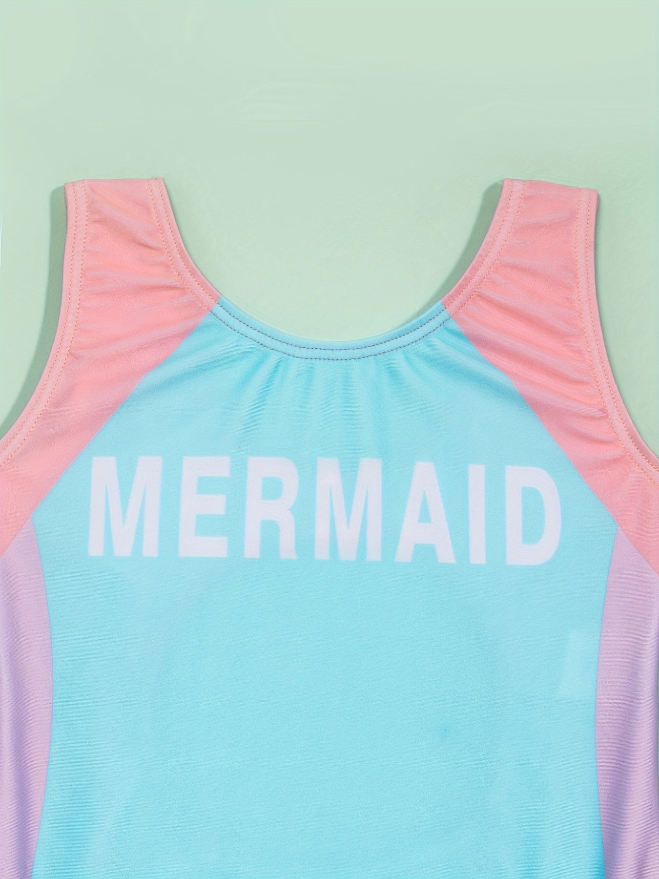 Girls Mermaid Print One piece Swimsuit Backless Colorblock Sports Swimsuit