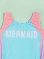 Girls Mermaid Print One piece Swimsuit Backless Colorblock Sports Swimsuit