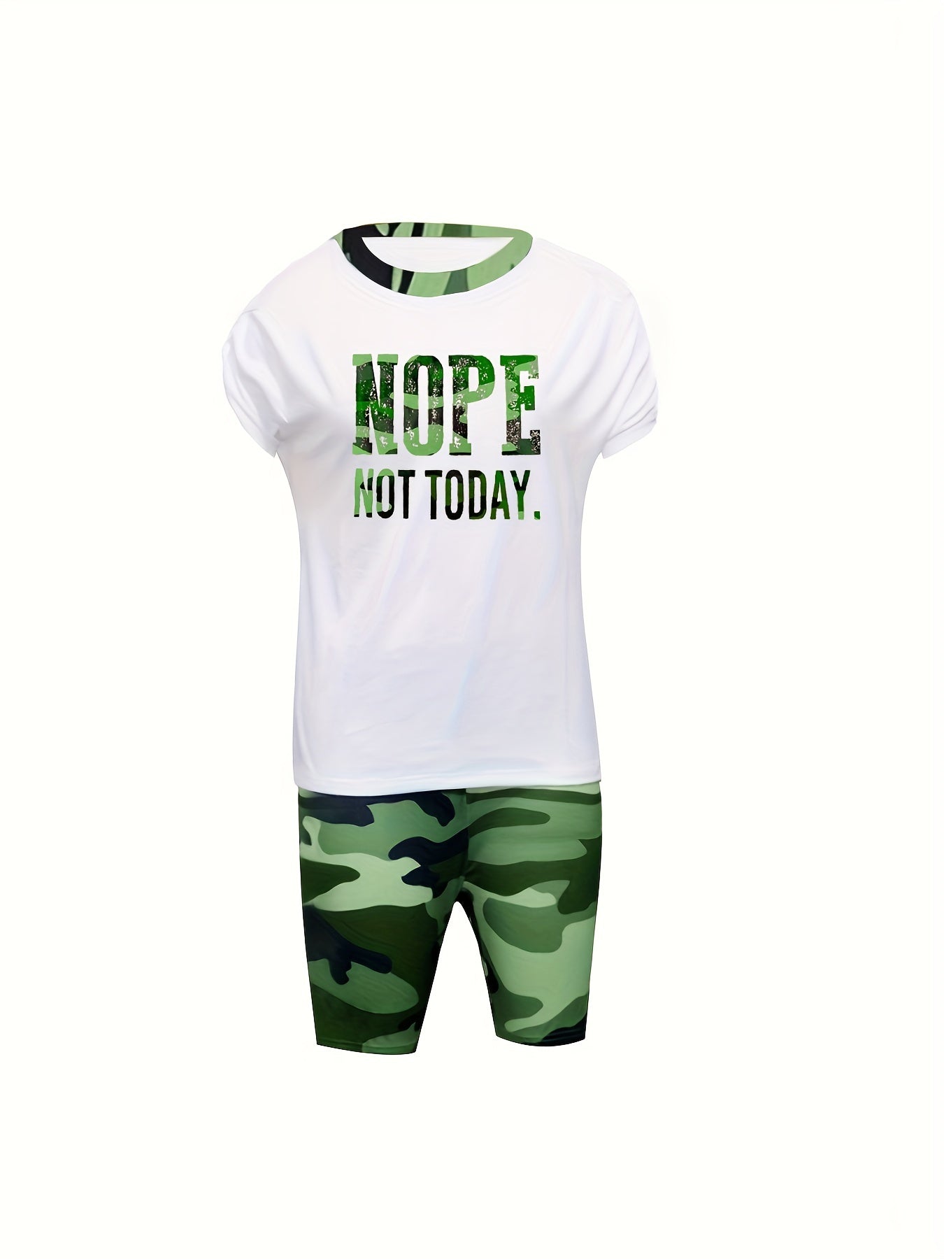 Camo Print 2pc Set: Crew Neck T-shirt & Shorts Women's Clothing